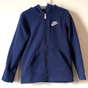 Nike Jacket Boys M Size 5-6Yrs Navy Blue Full Zip Swoosh Logo Hood Long Sleeve - Picture 1 of 6