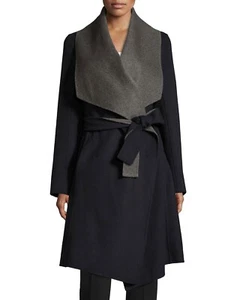 $798 Diane Von Furstenberg Navy Gray Reversible Jenna Wool Belted Wrap Coat S - Picture 1 of 8