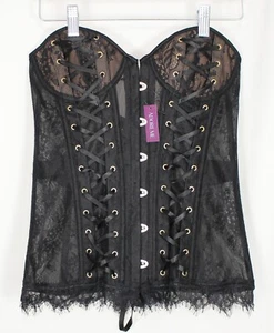 NWT ADORE ME Corset Black Bustier Top LARGE Boned Padded Lace Sheer Underwired - Picture 1 of 6