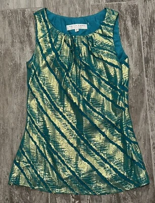 TRINA TURK 0 P XS Gold Turquoise Zip Silk & Metallic Tank Aqua Teal Blue Green - Image 1 of 4