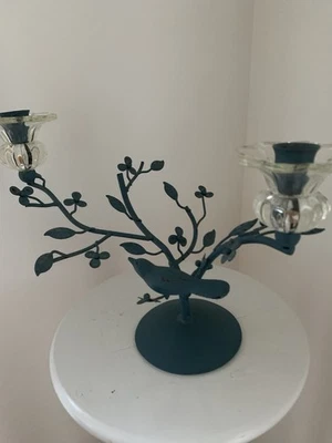Blue Metal CANDELABRA bird and branch votive candle holder with glass inserts. - Image 1 of 4