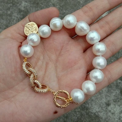 Cultured Pearl White 12mm Pearl Charm Bracelet Cz Pave Chain Connector Jewelry - Image 1 of 4