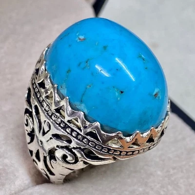 Anel masculino grande de prata esterlina 925 natural turquesa senai فيروز سيناوي طبيعي - Imagem 1 de 4