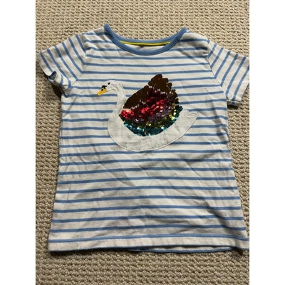 Mini Boden Kids Shirt Girls Size 5-6Y Blue Stripes Duck Sequins Classic Tee - Image 1 of 4