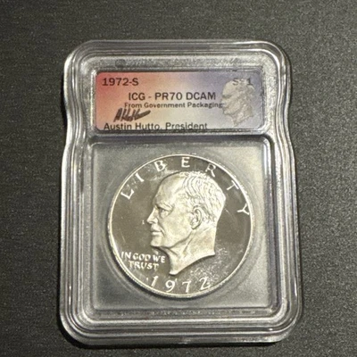1972-S PR-70 Deep Cameo Proof-Ike Silver Dollar. ICG Sign-Austin Hutto Peerless  - Image 1 of 4