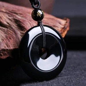 Black Obsidian Round Buckle Pendant Healing Reiki Amulet Protection Necklace - Picture 1 of 6