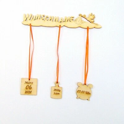 Wunschname Storch, Holz Türschild Namen  zur Geburt Personalisierter Wunschname - Bild 1 von 3