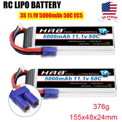 2xHRB 3S 11.1V LiPo Battery 5000mAh 50C EC5 for RC Helicopter Airplane Car Boat - Image 1 of 4
