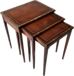 Henredon Heritage Mahogany Leather & Gold Leaf Nesting Tables - Set of 3