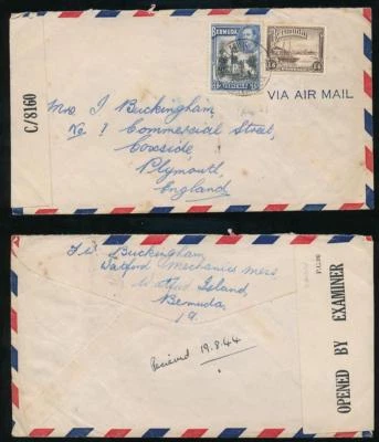 BERMUDAS WW2 WW WATFORD ISLAND CORREO AÉREO CENSURADO a PLYMOUTH GB ISLA DE IRLANDA CANCELAR Foto 1 de 3