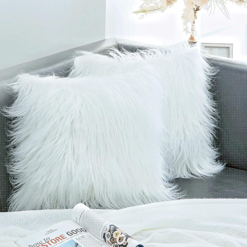 OurWarm Set of 2 White Fur Throw Pillows Fluffy Pillow Covers 18"x18", 