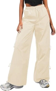 Womens Pants Baggy High Waist Drawstring Wide Leg Y2K Parachute Pants Small - Picture 1 of 7