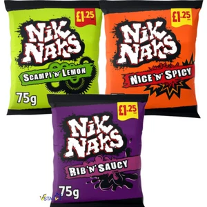 Nik Naks Scampi 'N' Lemon Crisps,Nice 'N' Spicy Crisps,Rib 'N' Saucy Crisps 75g - Picture 1 of 4