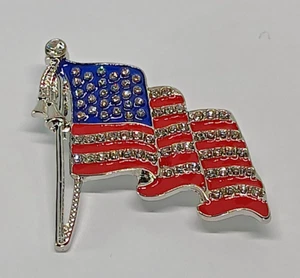 American Flag Silvery Colored Sparkling Rhinestone Brooch Pinback Lapel Pin - Picture 1 of 2