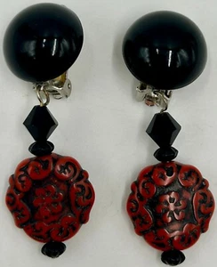 Vintage Red & Black Dangly Clip-On Earrings Cinnabar ~ 2 3/8" long - Picture 1 of 3