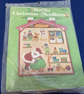 RARE Vintage BUCILLA CHRISTMAS NEEDLECRAFT #2834 Jeweled Panel Santa's Workshop - Picture 1 of 6