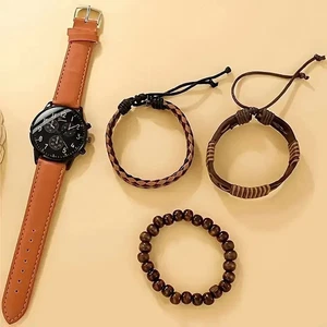 Herren PU Leder Uhr und 3 Stück Armband Set Braun - Bild 1 von 5