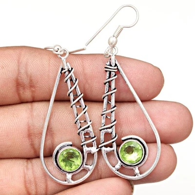 Peridot Quartz Gemstone Handmade Silver Jewelry Earrings 1.5'' - Image 1 of 4