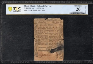 RI-226 15. JANUAR 1776 20er SHILLINGS RHODE ISLAND KOLONIAL PCGS SS-20 *SELTEN* - Bild 1 von 2