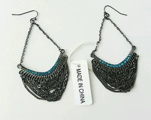 Costume Dangle Earrings Hematite Blue Jewel NWT - Picture 1 of 4