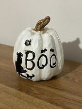 ‘Boo’ Halloween Carved Effect White Pumpkin Witch Cat *pre-loved* Resin