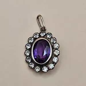 Vintage Silver Amethyst and Cubic Zirconia Oval Pendant, USSR 1970s - Picture 1 of 9