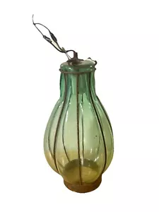 Handcrafted Wrought Iron & Glass Ceiling Lamp Green Hand Blown Vintage - Picture 1 of 16