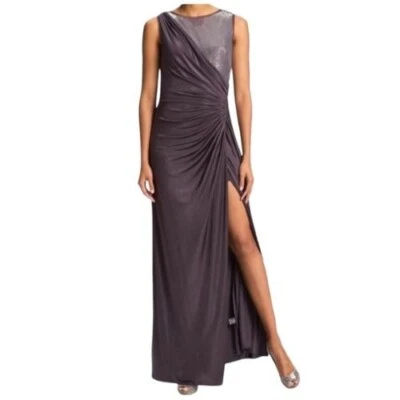 Adrianna Papell 6 Gray & Silver Sequin Split Ruche Evening Wedding Formal Gown - Image 1 of 4