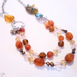Chunky Silver Tone Faceted Glass and Stone Bead Multi Strand Necklace - Picture 1 of 6