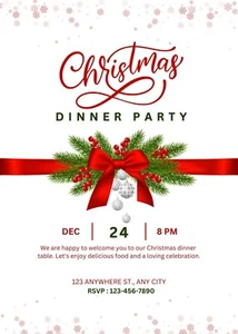 Customised Christmas Party Invitation PDF Printable Dinner Party White & Red Bow - Picture 1 of 1