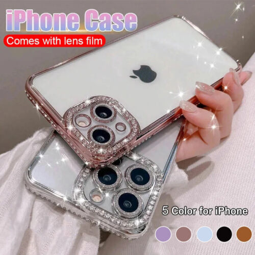 Custodia trasparente vetro con obiettivo diamantato Bling per iPhone 15 14 Pro Max 13 12 11 cover morbida