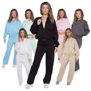 Womens 2PCS Loungewear Set Ladies Zip Top Bomber Suit Wide Pants Wear Tracksuits - Picture 1 of 21