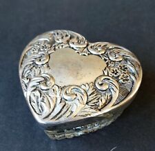 Vintage Heart Shape Glass Silver Plate Lid Trinket Dish Box with Mirror Inside