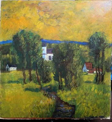 Pintura al óleo paisaje expresionista antigua villa en paisaje nocturno Foto 1 de 4