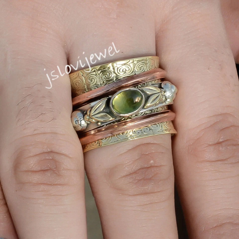 Green Peridot Oval Gemstone Ring 925 Sterling Silver Fidget Spinner Jewelry JL02 - Image 1 of 4