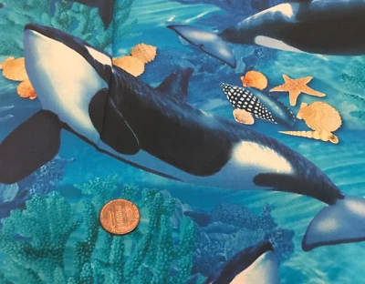 Orca Whales*Shells*Coral*Swimming*Blue Water*Michael Miller*22" x 8"*100% Cotton - Image 1 of 4