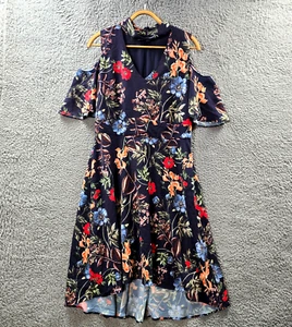 Jacqui E Womens A-line Midi Dress Size 12 Nav y Blue Floral Cold Shoulder Halter - Picture 1 of 9