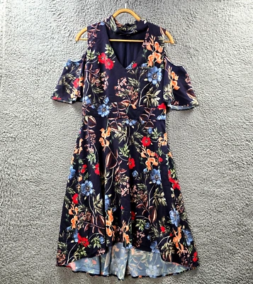 Jacqui E Womens A-line Midi Dress Size 12 Nav y Blue Floral Cold Shoulder Halter - image 1 of 4