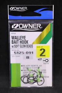 Owner Walleye Bait Hook with Soft Glow Beads - Black - Size 2 - Pack of 8 - Picture 1 of 2