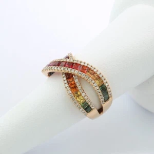Anillo Cruzado Con Zafiros "Rainbow" Y Diamantes 750 Oro Rosa 8.550 Euros Nuevo - Imagen 1 de 5