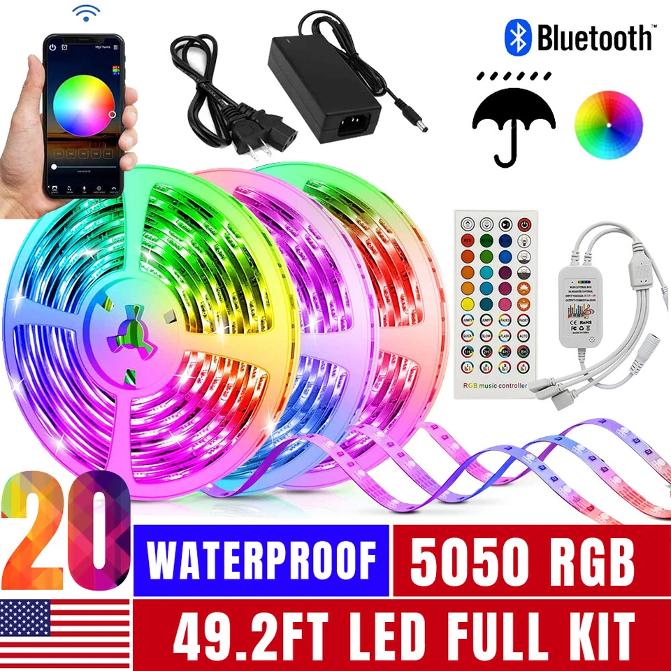 100ft LED Strip Lights 5050 RGB Bluetooth Color Change Remote for Rooms Bar - Image 1 of 4