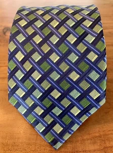 Grant Thomas 100% Silk Handmade Green Blue Woven Striped Check Tie - Picture 1 of 4