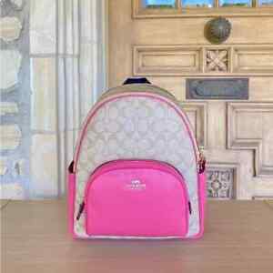 Coach Signature Court CANVAS Backpack Light Khaki/Confetti Pink NWT Authentic