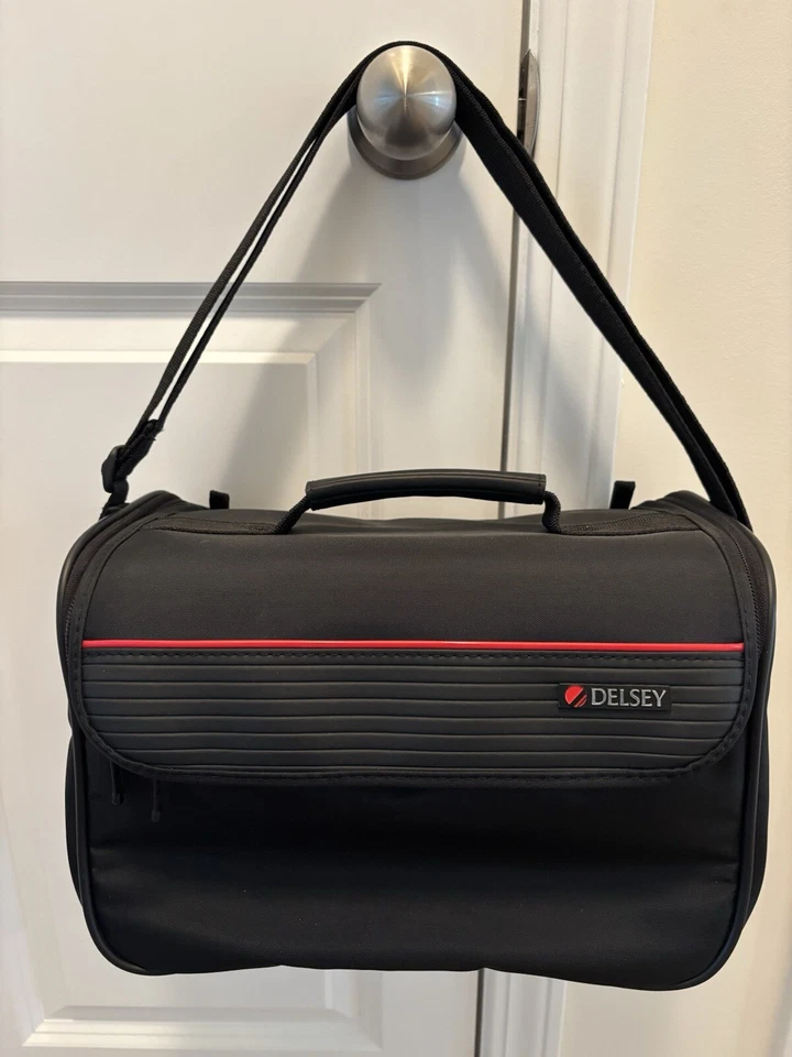 DELSEY TOILETRY BAG Cosmetic Rigid Soft Sided BLACK Red Short & Long Straps NWOT - Image 1 of 4