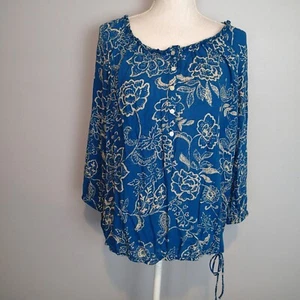 Lucky Brand Top Womens Blue Floral Round Neck Boho Peasant  Size XL - Picture 1 of 18