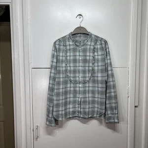 Margaret Howell Blouse Shirt Light Blue Check Ruffle Cotton Long Sleeve Size 14 - Picture 1 of 8