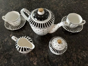 Grace Teaware Teapot Sugar Creamer 2 Cups Saucers Set Blk/White Polka Dots Gold - Picture 1 of 22