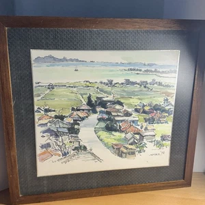 RAR Vintage original signiert Akira Matsushima Japan Kugelschreiber & Aquarell Meer - Bild 1 von 12