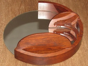 SCROLL Products MCM 12” Round Wall Mirror with 2 Knick-knack Brown Wood Shelves - Picture 1 of 10
