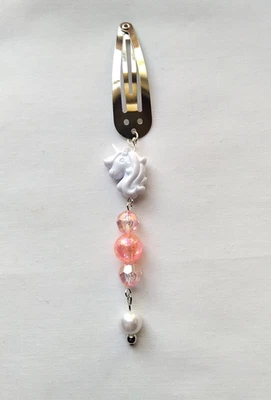 White Unicorn Hair Clip Barrette Pink Bead Linear Dangle Handmade Accessory - Image 1 of 3